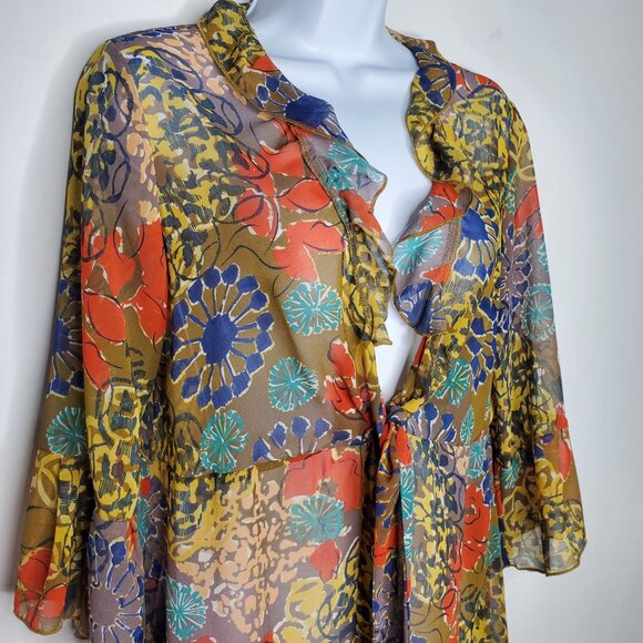 Cabi Womens Floral Abstract Sheer Ruffle Tie Front Blouse Size M Art To Wear - Picture 2 of 10